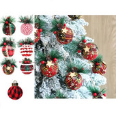 6vnt Raudonos žalios spalvos languoto audinio kalėdinis suvyniotas audinio kamuolys Navidad 6 cm su uogų lapais pakabukais kankorėžiais putplasčio kamuoliuko vainikas