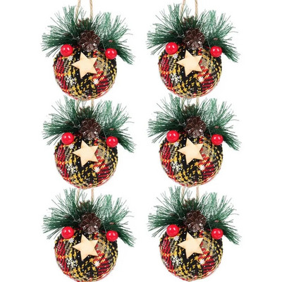 6vnt Raudonos žalios spalvos languoto audinio kalėdinis suvyniotas audinio kamuolys Navidad 6 cm su uogų lapais pakabukais kankorėžiais putplasčio kamuoliuko vainikas