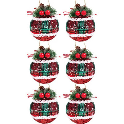 6vnt Raudonos žalios spalvos languoto audinio kalėdinis suvyniotas audinio kamuolys Navidad 6 cm su uogų lapais pakabukais kankorėžiais putplasčio kamuoliuko vainikas