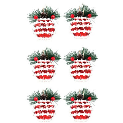 6vnt Raudonos žalios spalvos languoto audinio kalėdinis suvyniotas audinio kamuolys Navidad 6 cm su uogų lapais pakabukais kankorėžiais putplasčio kamuoliuko vainikas