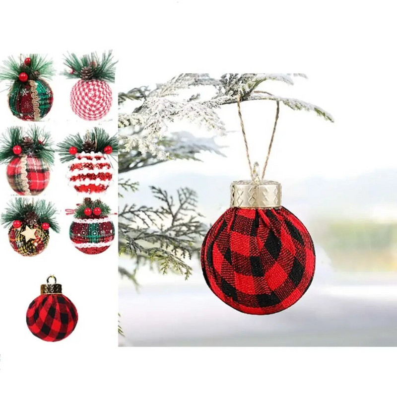 6vnt Raudonos žalios spalvos languoto audinio kalėdinis suvyniotas audinio kamuolys Navidad 6 cm su uogų lapais pakabukais kankorėžiais putplasčio kamuoliuko vainikas