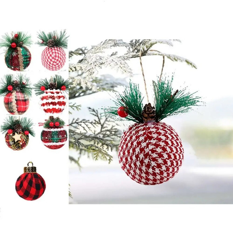 6vnt Raudonos žalios spalvos languoto audinio kalėdinis suvyniotas audinio kamuolys Navidad 6 cm su uogų lapais pakabukais kankorėžiais putplasčio kamuoliuko vainikas