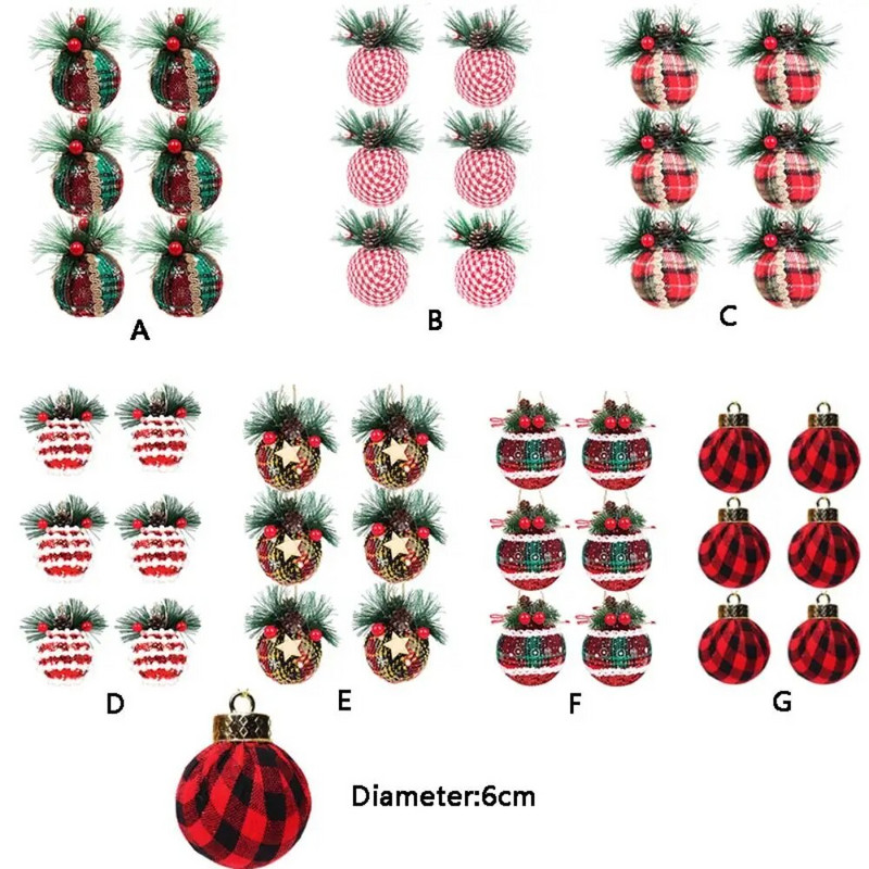 6vnt Raudonos žalios spalvos languoto audinio kalėdinis suvyniotas audinio kamuolys Navidad 6 cm su uogų lapais pakabukais kankorėžiais putplasčio kamuoliuko vainikas