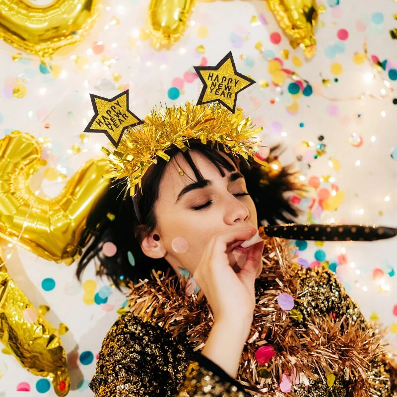Laimīgu Jauno gadu 2024. gada galvas saite, mirdzoša flitera Ziemassvētku galvassega bērniem, pieaugušajiem, Ziemassvētku vecgada ballīte, matu aksesuāri, foto rekvizīti