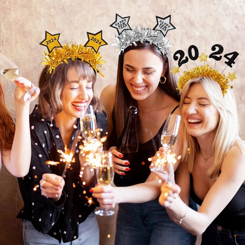 Laimīgu Jauno gadu 2024. gada galvas saite, mirdzoša flitera Ziemassvētku galvassega bērniem, pieaugušajiem, Ziemassvētku vecgada ballīte, matu aksesuāri, foto rekvizīti