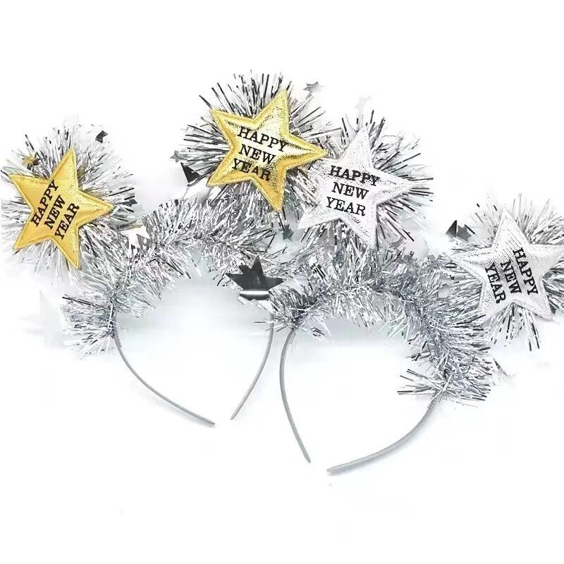 Zlatna zvijezda Novogodišnja traka za glavu Sjajna kišna svilena šarena traka za kosu Veseli 2024. Sretna Nova godina Dress Up Rekviziti za fotografije
