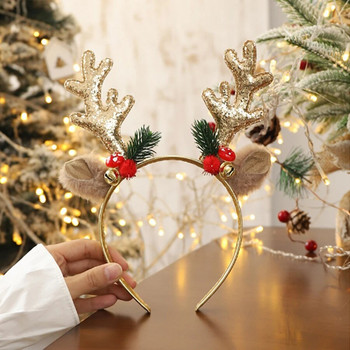 Коледни ленти за глава Лента за коса с рог на Дядо Коледа Златисточервени блестящи шапки с пайети Весели коледни подаръци Честита Нова Година 2024