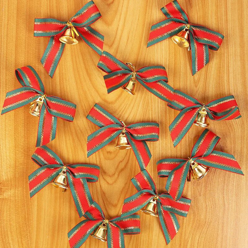 7 gab Ziemassvētku terilēna lentes bantīte ar zvaniņiem, Ziemassvētku mini bowknot amatniecības dāvanu rotājums Ziemassvētku eglītes pakarināšanai, Ziemassvētku dekors