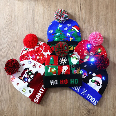 Коледни шапки с LED светлина Карикатура Дядо Коледа Снежен човек Elk Knitted Xmas Soft Hat Noel Merry Christmas Decoration Новогодишен подарък