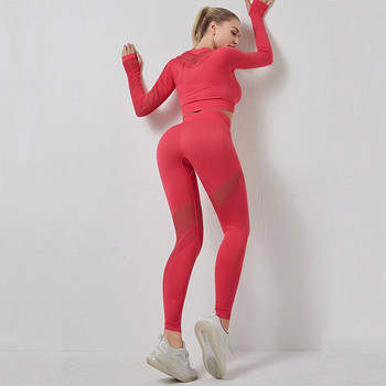 Безшевен комплект за фитнес Дамски комплект за йога от 2 части Тренировъчно облекло за жени Анцуг Спортен костюм с дълъг ръкав Комплект крачолни клинове