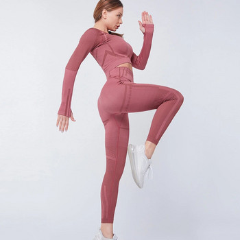 Безшевен йога комплект Дамско облекло за фитнес 2 части Комплект за фитнес Дамски анцуг Спортен костюм с дълъг ръкав Тренировъчно облекло за жени Спортно облекло