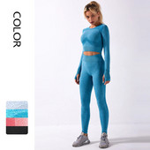 Jogas komplekts vingrošanas zāles apģērbs, 2 daļīgs bezšuvju sporta komplekts, sieviešu sporta kostīms, fitness ar garām piedurknēm, apgriezts augšējais sporta legingi, sieviešu sporta apģērbs