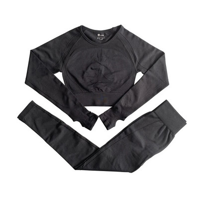 Jogas komplekts vingrošanas zāles apģērbs, 2 daļīgs bezšuvju sporta komplekts, sieviešu sporta kostīms, fitness ar garām piedurknēm, apgriezts augšējais sporta legingi, sieviešu sporta apģērbs