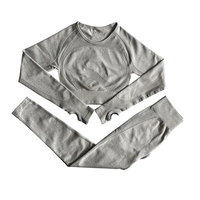 Jogas komplekts vingrošanas zāles apģērbs, 2 daļīgs bezšuvju sporta komplekts, sieviešu sporta kostīms, fitness ar garām piedurknēm, apgriezts augšējais sporta legingi, sieviešu sporta apģērbs