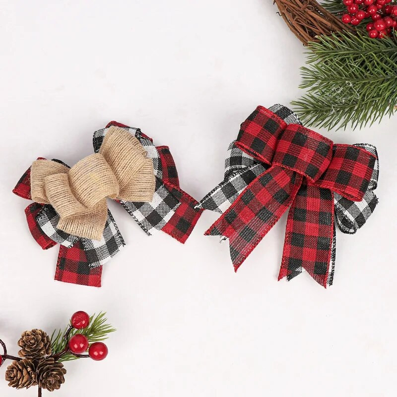 Ziemassvētku rūtains loks, lina audums, stiepļu mala