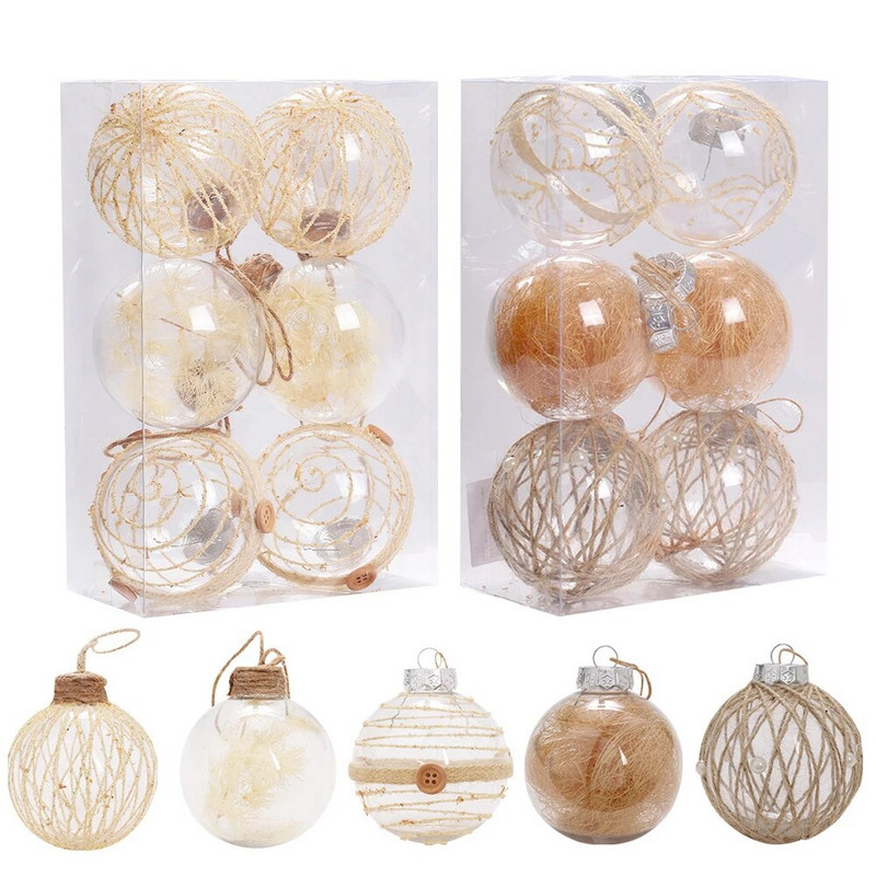 6 vnt 8 cm rankų darbo lininis skaidrus PET kalėdinis rutulys Kalėdų eglutės kabantis pakabukas namų dekoravimui Navidad Naujųjų 2024 metų dovana