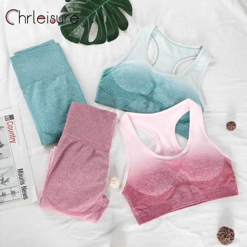 CHRLEISURE Seamless jóga szett női edzés sportruházat edzőterem Fitness Crop felső magas derekú leggings + sport melltartó sportruhák