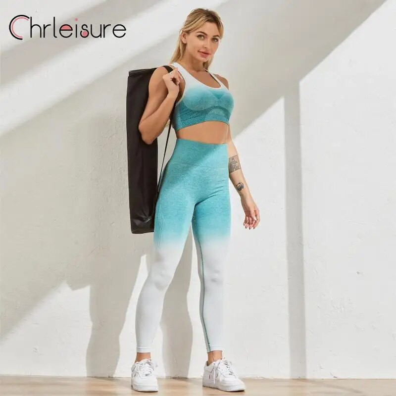 CHRLEISURE Seamless jóga szett női edzés sportruházat edzőterem Fitness Crop felső magas derekú leggings + sport melltartó sportruhák
