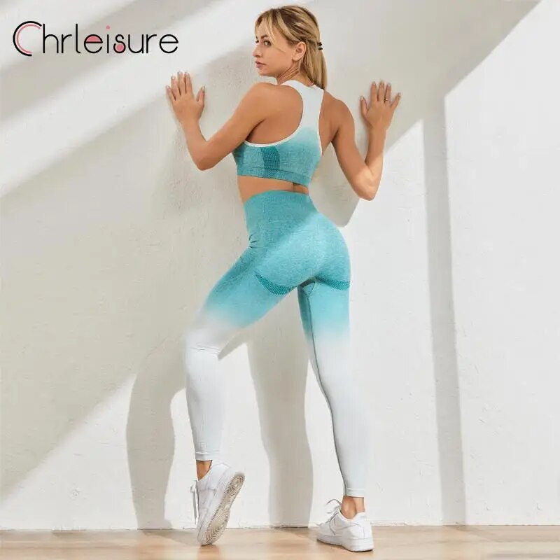 CHRLEISURE Seamless jóga szett női edzés sportruházat edzőterem Fitness Crop felső magas derekú leggings + sport melltartó sportruhák