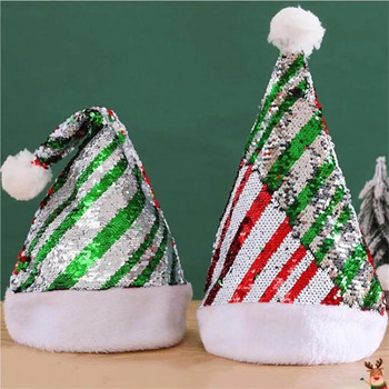Коледна шапка с блясък Дядо Коледа Коледа Двустранни шапки с пайети за Нова година Navidad Хелоуин Орнаменти Ивица