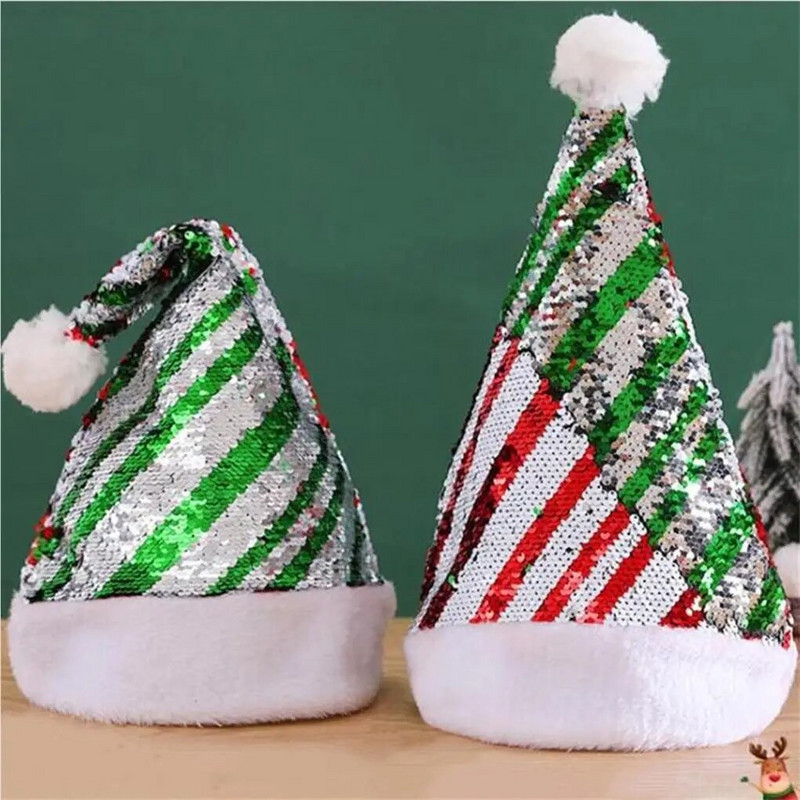 Kalėdų skrybėlė Blizganti Kalėdų Senelis Kalėdų dvipusis blizgučiais galvos apdangalas Naujiesiems metams Navidad Halloween Ornaments Stripe