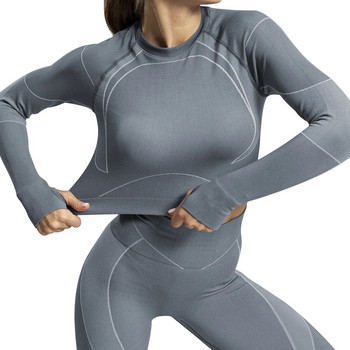 Дамски спортен костюм Комплект за йога Фитнес тренировъчно облекло С дълъг ръкав Фитнес укорочено горнище с висока талия Energy Безшевни клинове
