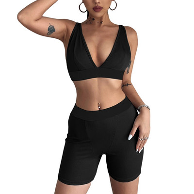 Novi ljetni jednobojni set od 2 komada za 2022. Ženska ležerna odjeća Fitness Yoga Sportsko odijelo Trenirka Prsluk Crop Top + biciklističke kratke hlače Ulična odjeća