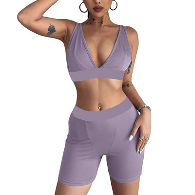 Novi ljetni jednobojni set od 2 komada za 2022. Ženska ležerna odjeća Fitness Yoga Sportsko odijelo Trenirka Prsluk Crop Top + biciklističke kratke hlače Ulična odjeća