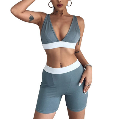 Novi ljetni jednobojni set od 2 komada za 2022. Ženska ležerna odjeća Fitness Yoga Sportsko odijelo Trenirka Prsluk Crop Top + biciklističke kratke hlače Ulična odjeća