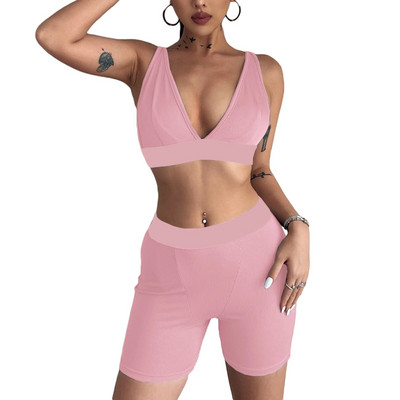 Novi ljetni jednobojni set od 2 komada za 2022. Ženska ležerna odjeća Fitness Yoga Sportsko odijelo Trenirka Prsluk Crop Top + biciklističke kratke hlače Ulična odjeća