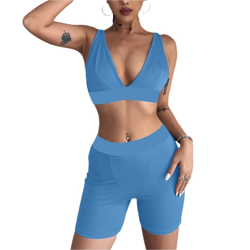 Novi ljetni jednobojni set od 2 komada za 2022. Ženska ležerna odjeća Fitness Yoga Sportsko odijelo Trenirka Prsluk Crop Top + biciklističke kratke hlače Ulična odjeća