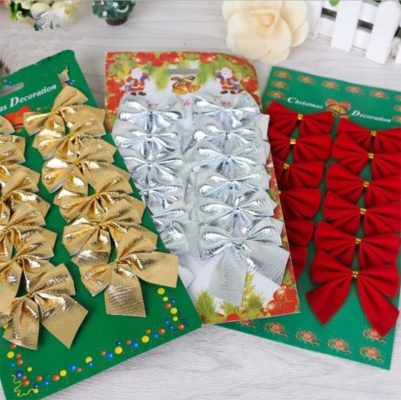 12 kom/lot Božićni ukrasi 2022. Dodaci za mašne Ukrasi za božićno drvce Mala mašna Crveno Zlatno Srebrni Dekoracije za blagdanske zabave