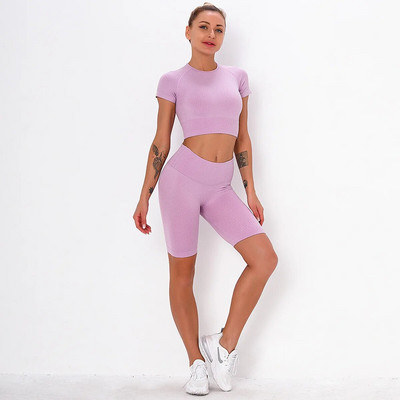 2Pcs Žensko sportsko odijelo Komplet za teretanu Crop Top Bešavne kratke hlače Sklekovi Odjeća za vježbanje Trčanje Odjeća za teretanu Atletsko sportsko odijelo Set za jogu