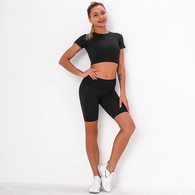 2Pcs Žensko sportsko odijelo Komplet za teretanu Crop Top Bešavne kratke hlače Sklekovi Odjeća za vježbanje Trčanje Odjeća za teretanu Atletsko sportsko odijelo Set za jogu
