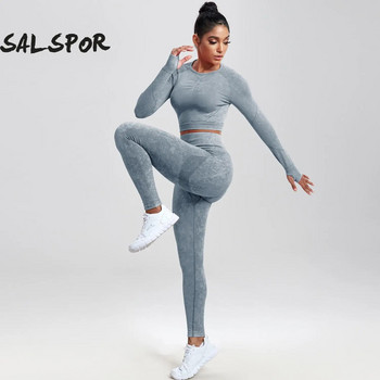 SALSPOR 2 ΤΕΜ. Γυναικεία φόρμα γιόγκα, χωρίς ραφή, αθλητικό σετ μακρυμάνικο πουκάμισο γυμναστικής με κολάν προπόνησης άρσης γλουτών Ελαστικό γυμναστήριο