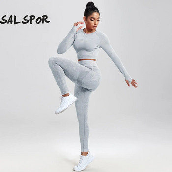 SALSPOR 2PCS Дамски костюм за йога Wash Безшевен спортен комплект Фитнес тениска с дълъг ръкав с повдигане на дупето Еластичен клин за тренировка за фитнес