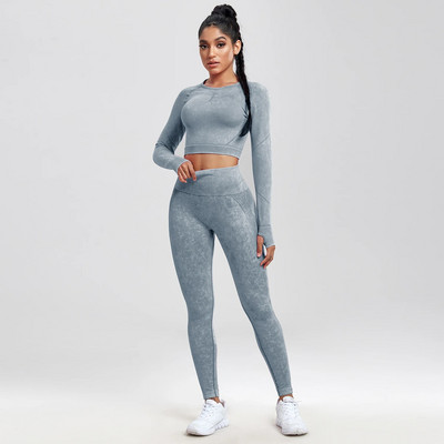 SALSPOR 2GAB Sieviešu jogas uzvalku mazgāšana bezšuvju sporta komplekts Fitnesa krekls ar garām piedurknēm ar dibena pacelšanu treniņam leggings, elastīgs sporta apģērbs