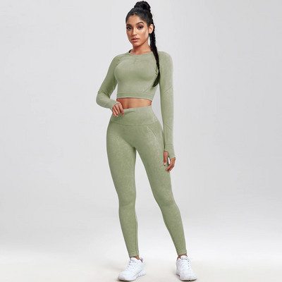 SALSPOR 2GAB Sieviešu jogas uzvalku mazgāšana bezšuvju sporta komplekts Fitnesa krekls ar garām piedurknēm ar dibena pacelšanu treniņam leggings, elastīgs sporta apģērbs