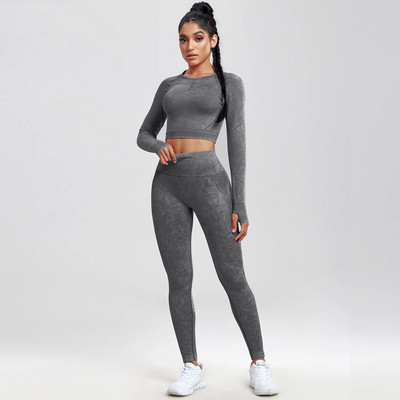 SALSPOR 2GAB Sieviešu jogas uzvalku mazgāšana bezšuvju sporta komplekts Fitnesa krekls ar garām piedurknēm ar dibena pacelšanu treniņam leggings, elastīgs sporta apģērbs