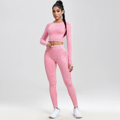 SALSPOR 2GAB Sieviešu jogas uzvalku mazgāšana bezšuvju sporta komplekts Fitnesa krekls ar garām piedurknēm ar dibena pacelšanu treniņam leggings, elastīgs sporta apģērbs