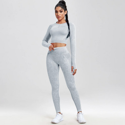 SALSPOR 2GAB Sieviešu jogas uzvalku mazgāšana bezšuvju sporta komplekts Fitnesa krekls ar garām piedurknēm ar dibena pacelšanu treniņam leggings, elastīgs sporta apģērbs