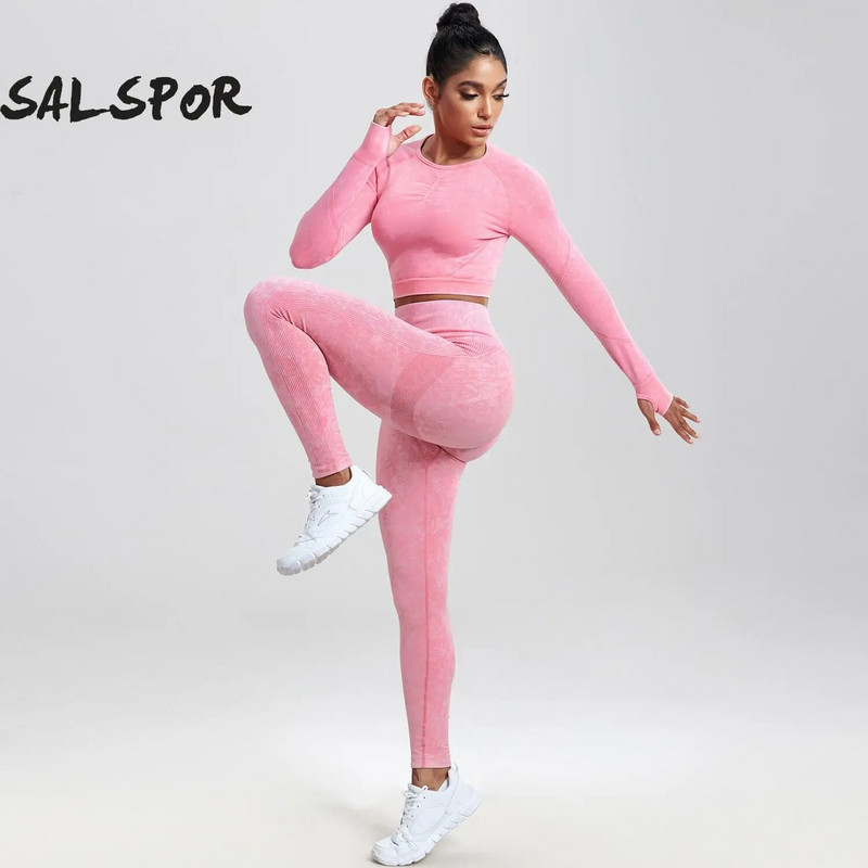SALSPOR 2GAB Sieviešu jogas uzvalku mazgāšana bezšuvju sporta komplekts Fitnesa krekls ar garām piedurknēm ar dibena pacelšanu treniņam leggings, elastīgs sporta apģērbs