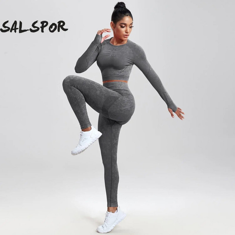 SALSPOR 2GAB Sieviešu jogas uzvalku mazgāšana bezšuvju sporta komplekts Fitnesa krekls ar garām piedurknēm ar dibena pacelšanu treniņam leggings, elastīgs sporta apģērbs