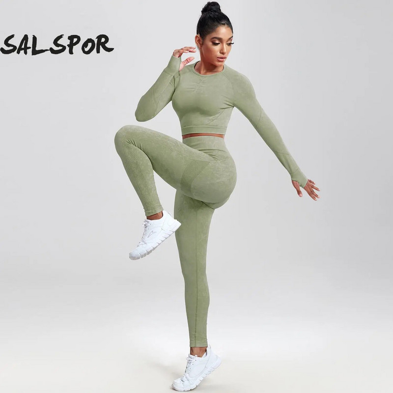 SALSPOR 2GAB Sieviešu jogas uzvalku mazgāšana bezšuvju sporta komplekts Fitnesa krekls ar garām piedurknēm ar dibena pacelšanu treniņam leggings, elastīgs sporta apģērbs