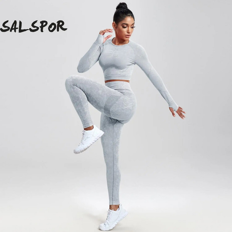 SALSPOR 2GAB Sieviešu jogas uzvalku mazgāšana bezšuvju sporta komplekts Fitnesa krekls ar garām piedurknēm ar dibena pacelšanu treniņam leggings, elastīgs sporta apģērbs