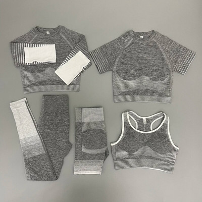 Zökkenőmentes női 2/3/5db jóga szett Futó tornatermi edzés rövid ujjú+felső sport+leggings+rövidnadrág+melltartó Fitness Suit jógaruha