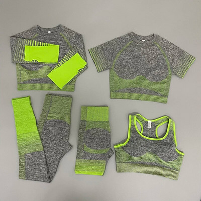 Zökkenőmentes női 2/3/5db jóga szett Futó tornatermi edzés rövid ujjú+felső sport+leggings+rövidnadrág+melltartó Fitness Suit jógaruha