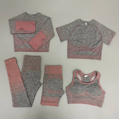 Zökkenőmentes női 2/3/5db jóga szett Futó tornatermi edzés rövid ujjú+felső sport+leggings+rövidnadrág+melltartó Fitness Suit jógaruha