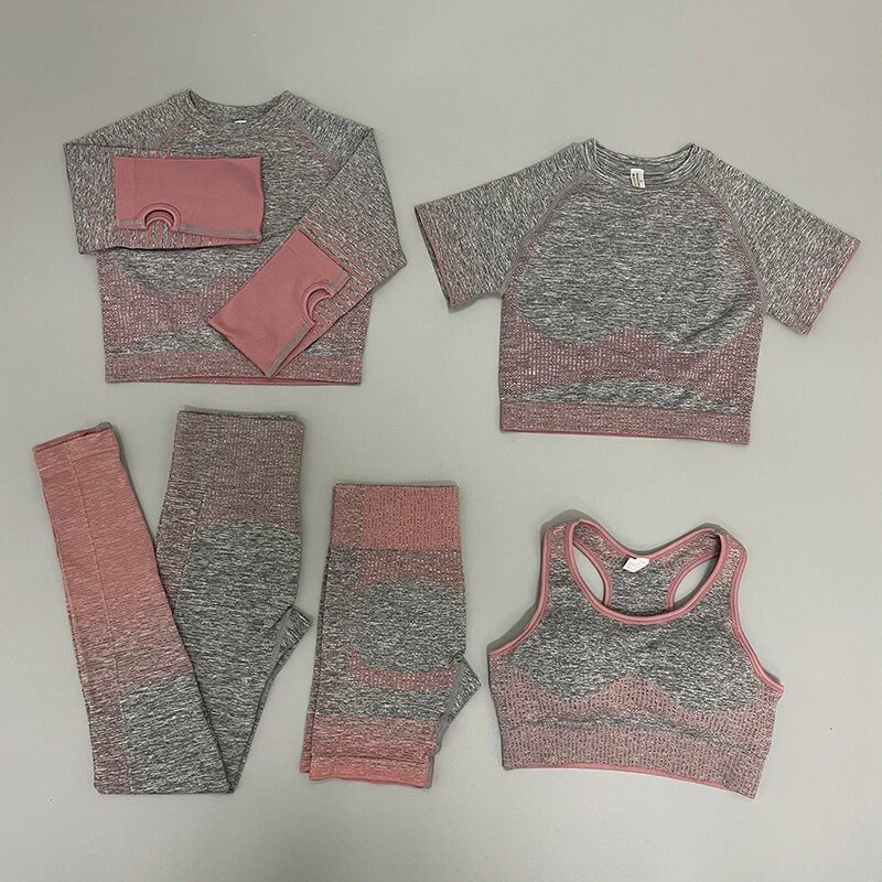 Zökkenőmentes női 2/3/5db jóga szett Futó tornatermi edzés rövid ujjú+felső sport+leggings+rövidnadrág+melltartó Fitness Suit jógaruha