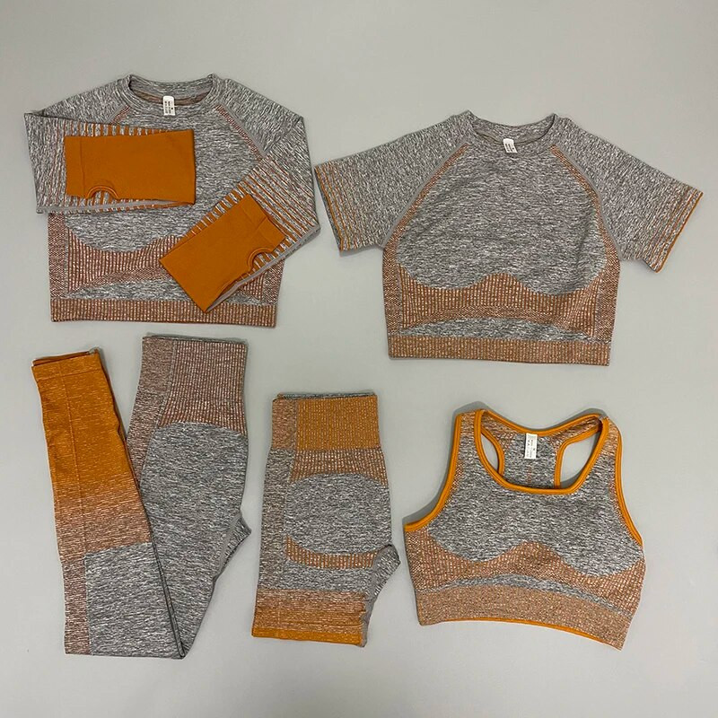 Zökkenőmentes női 2/3/5db jóga szett Futó tornatermi edzés rövid ujjú+felső sport+leggings+rövidnadrág+melltartó Fitness Suit jógaruha